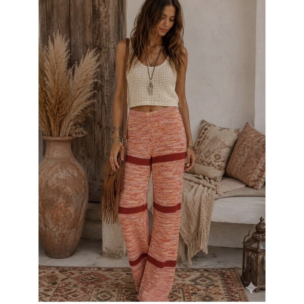 Yllw The Label Women’s Small Orange Striped Wide Leg Knit Sweater Pants Palazzo